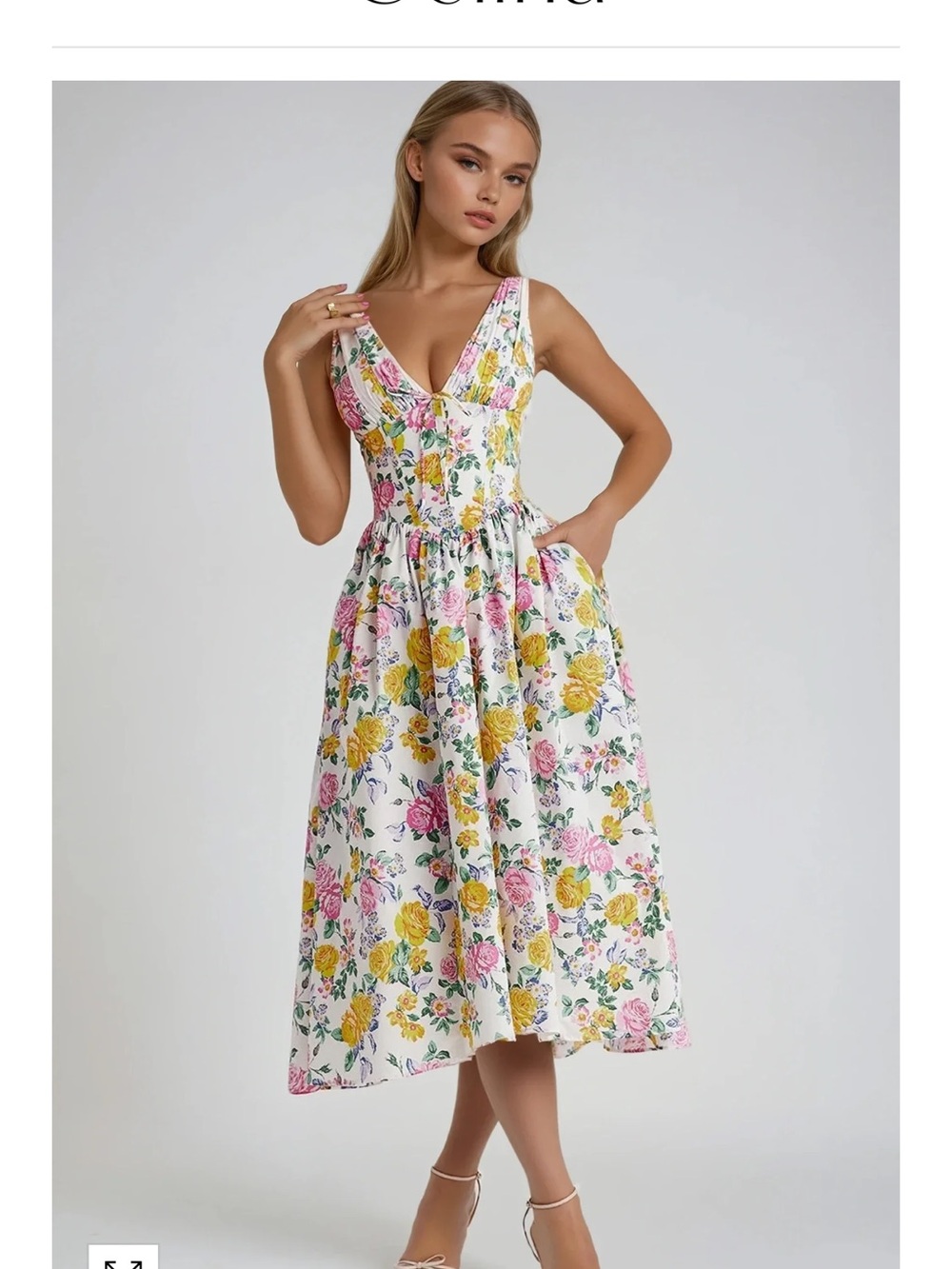 White Floral V-Neck Midi Dress with Pink and Yellow Roses